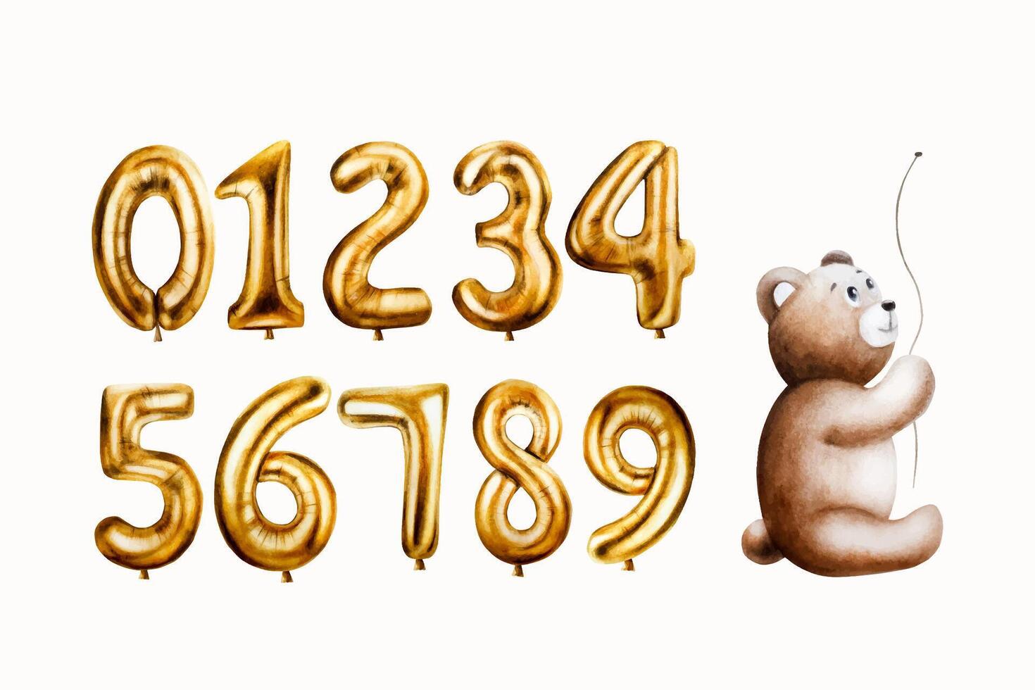 Watercolor cute cartoon teddy bear with golden foil balloon numbers digits 0-9. Hand drawn birthday party numbers zero, one, two, three, four, five, six, seven, eight, nine for decoration isolate vector