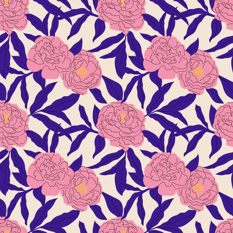 Seamless pattern with abstract flowers and leaves. Endless ornament with hand-drawn floral elements. vector