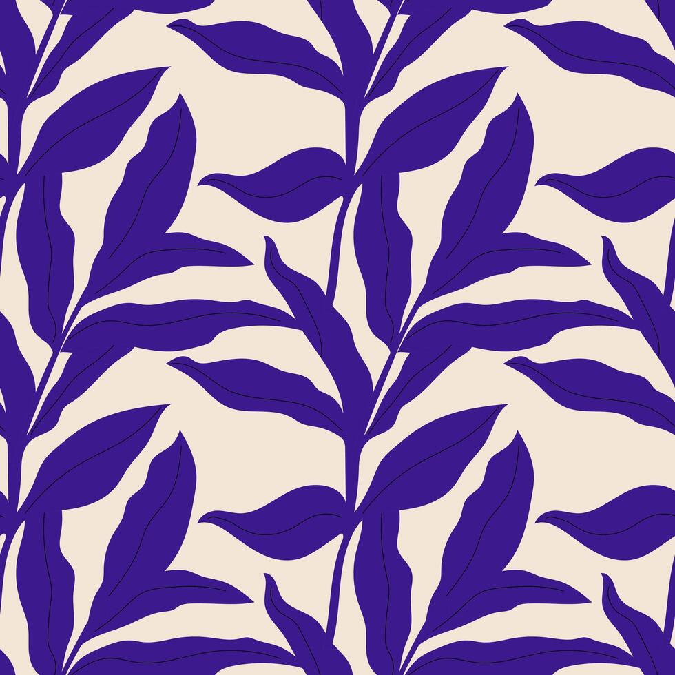 Seamless pattern with abstract blue branches with leaves on a light background. Endless ornament with hand-drawn floral elements. vector