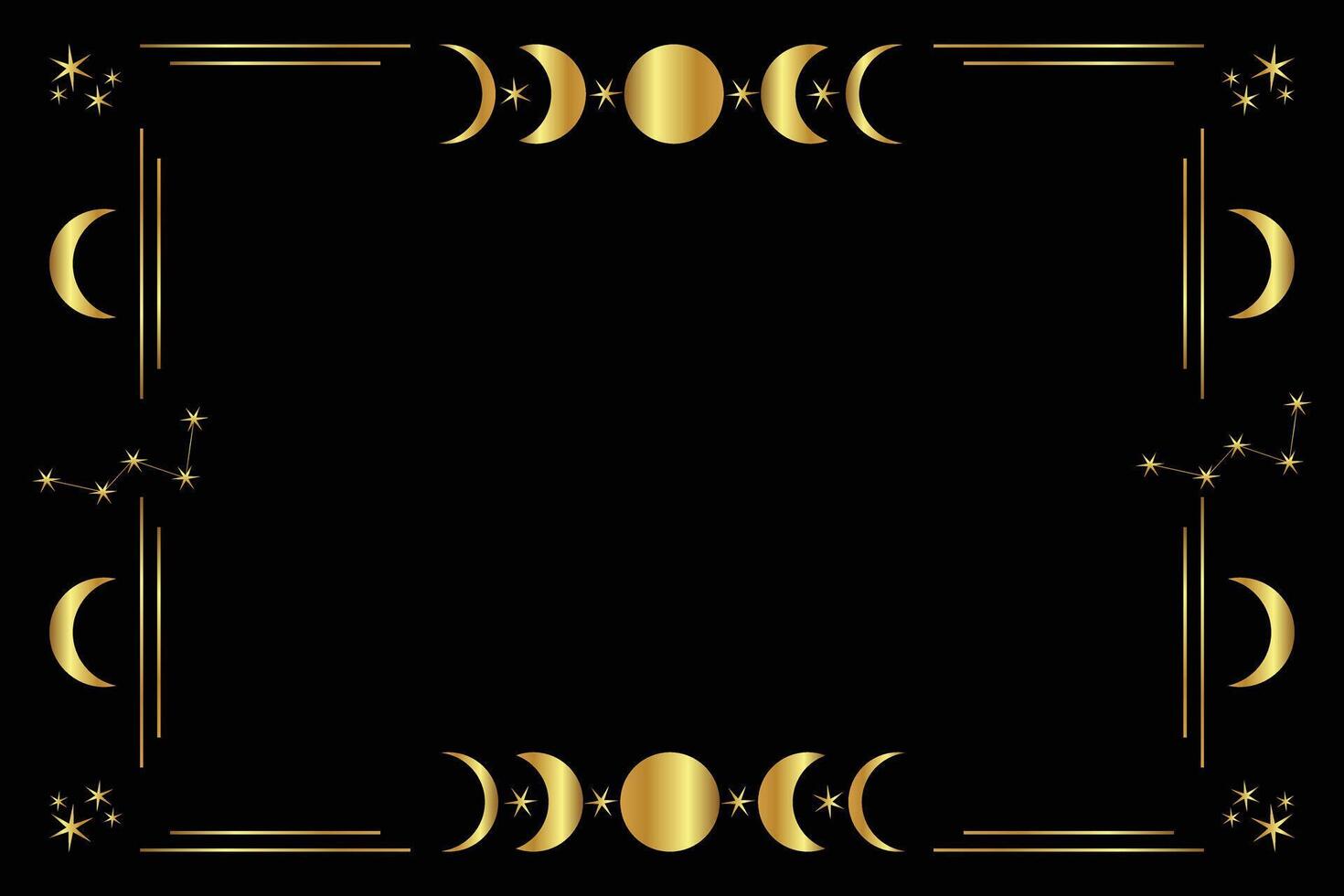 Celestial constellations border with golden frame with stars, moon phases, crescents, and copy space. Mystic linear background with place for text. vector
