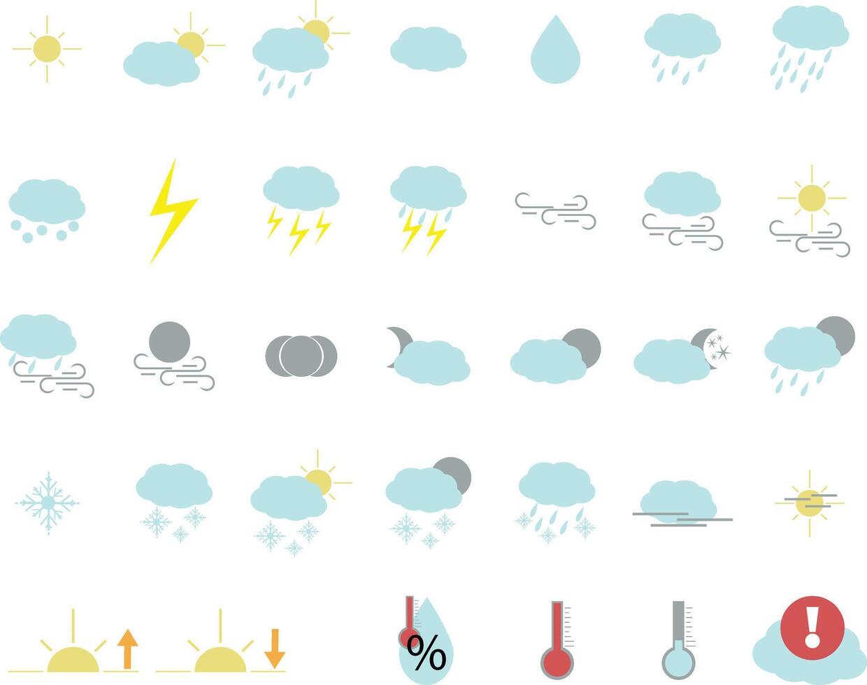 Weather icon set. weather forecast collection with temperature, humidity, sun, rain, cloud, snow, lightning, thunder, moon, wind, sunrise, sunset vector