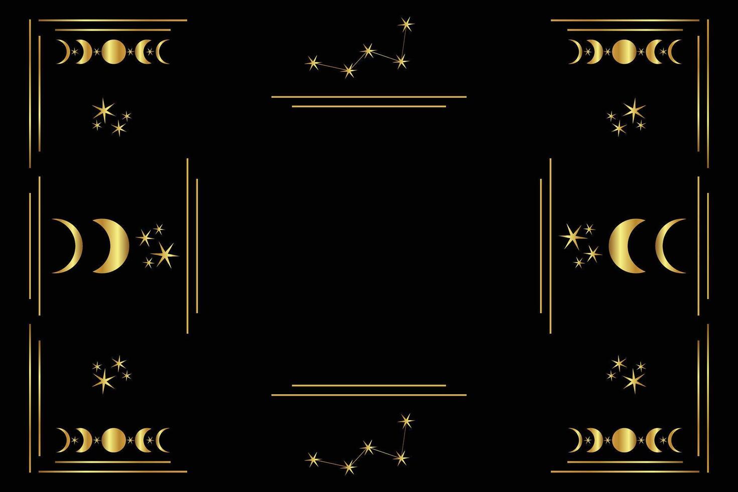 Celestial golden frame with stars, moon phases, crescents, and copy space. Mystical constellations border. Mystic linear background with place for text. vector