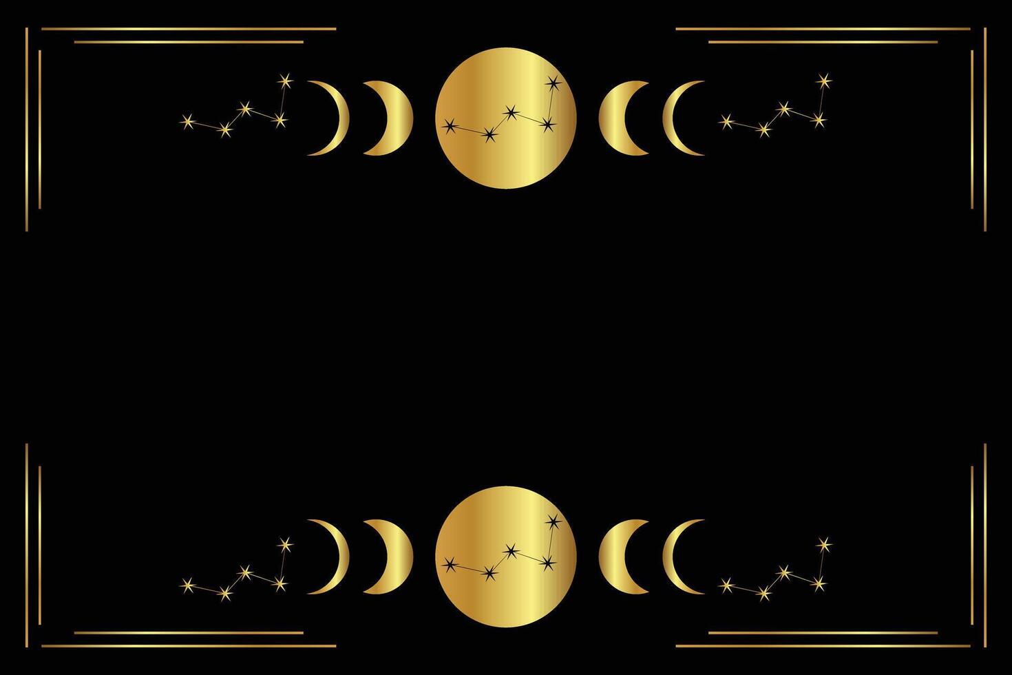 Mystic golden frame with constellations, stars, moon phases, crescents, and copy space. Mystical constellations border. Mystic linear background with place for text. vector