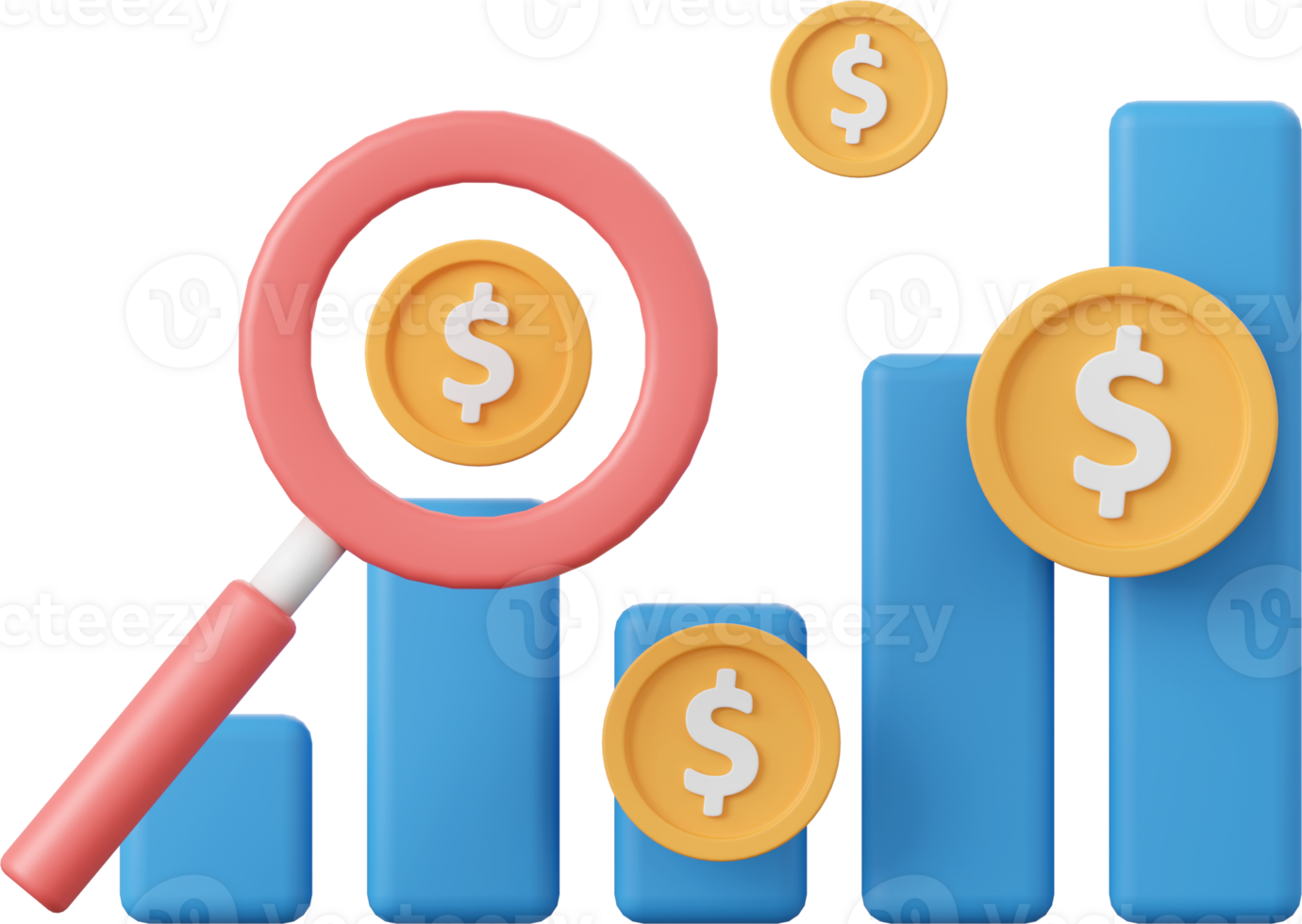 Magnifying glass with dollar coin and graph, 3d illustration of Investment concept png