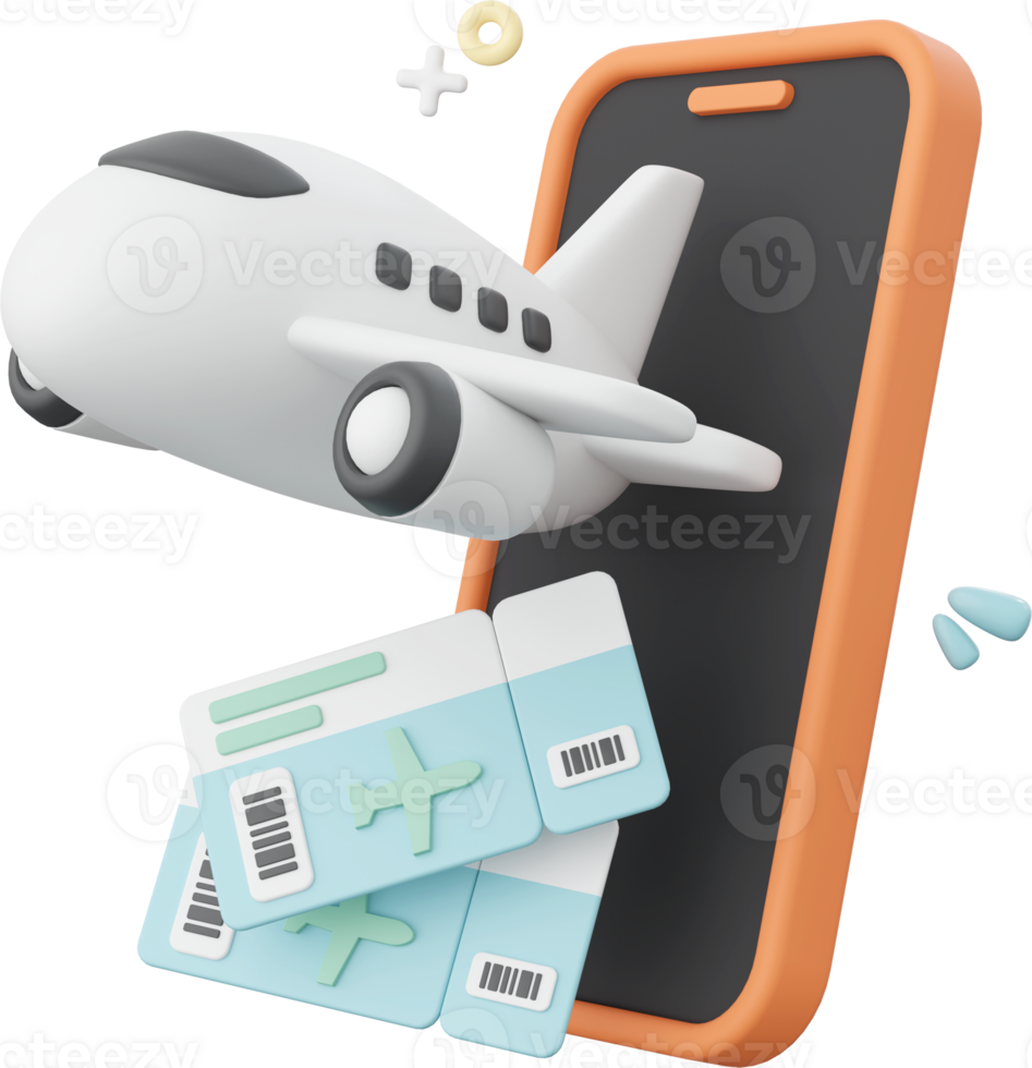 3d illustration of airplane with tickets emerging from a smartphone png