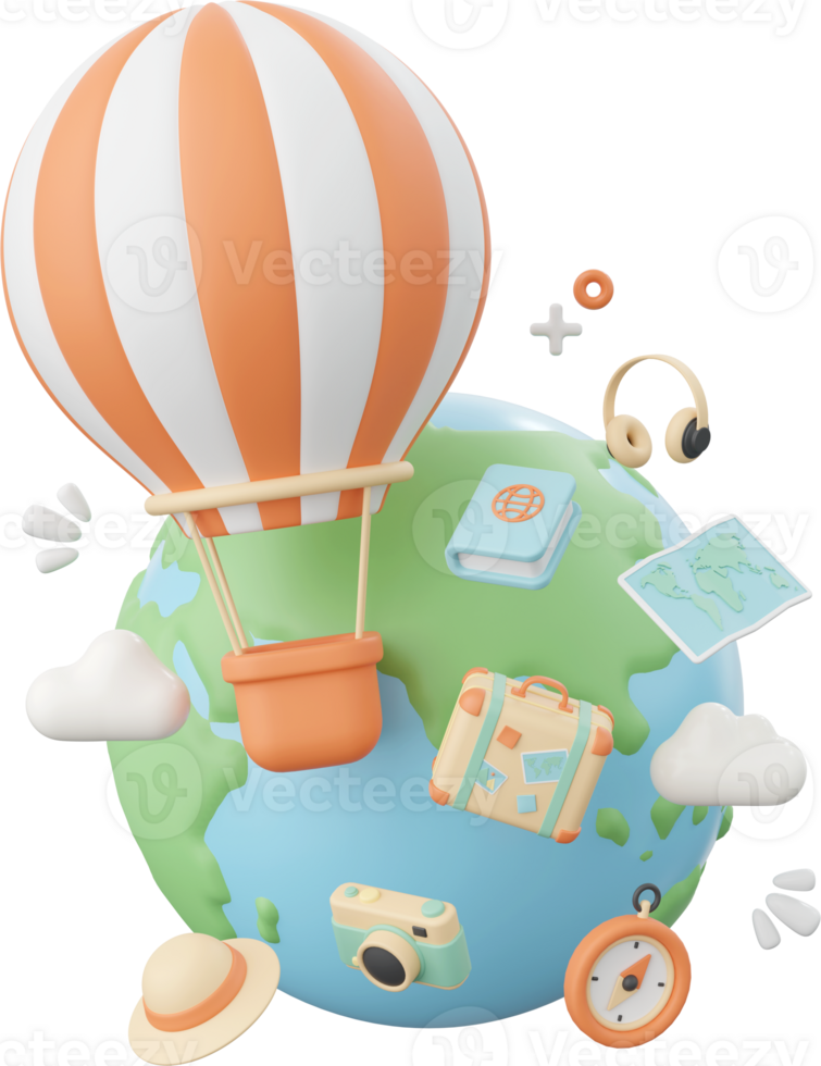 3d illustration of balloon flying around the globe png