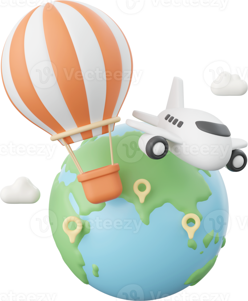 3d illustration of airplane and balloon flying around the globe png