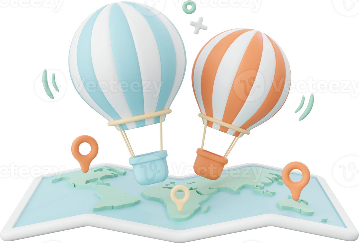 3d illustration of hot air balloons over a map png