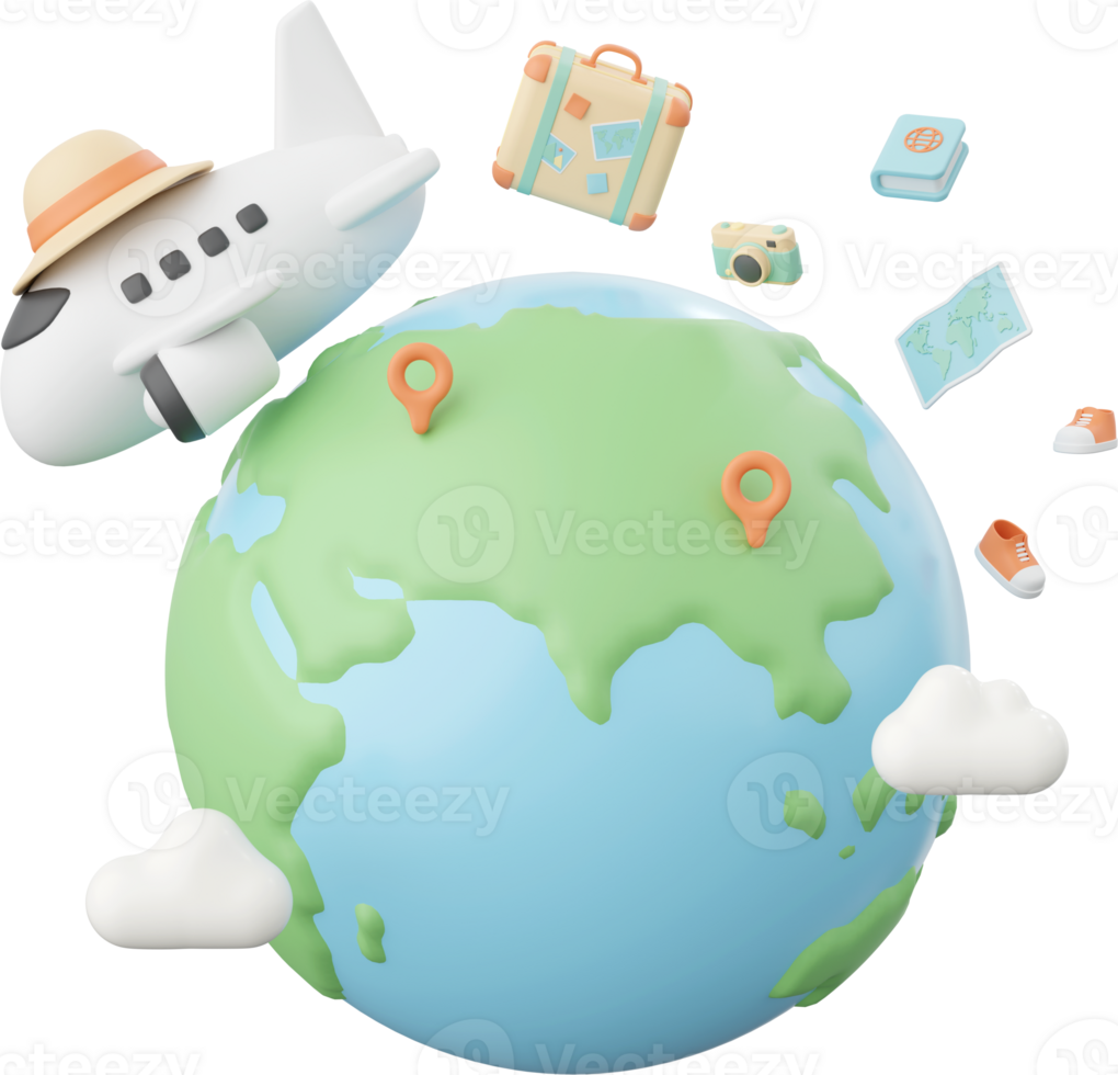 3d illustration of airplane flying around the globe png