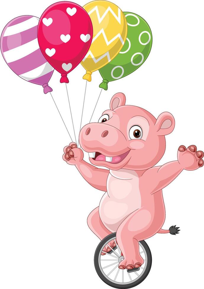 Cartoon hippo riding one wheel bike and holding colorful balloons vector