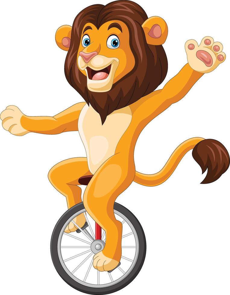 Cartoon lion riding one wheel bike vector