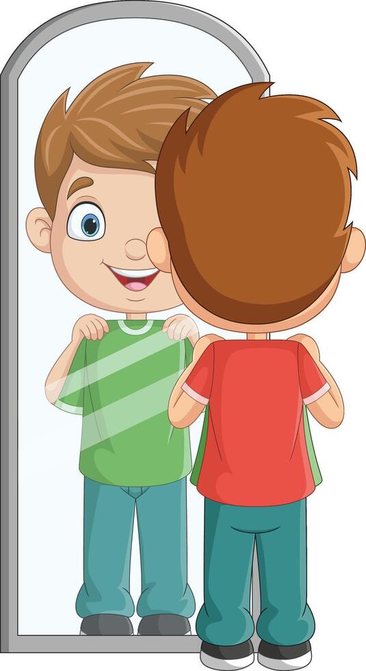 Cartoon little boy looking at the mirror with his new tshirt vector