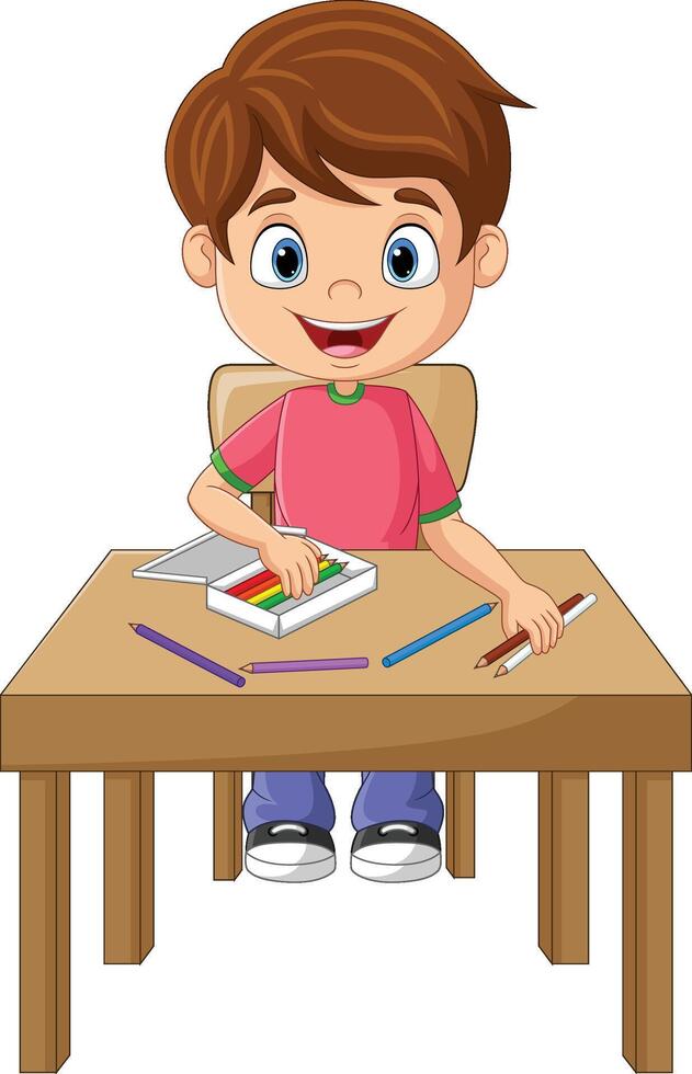 Cartoon little boy put the pencils into the box vector