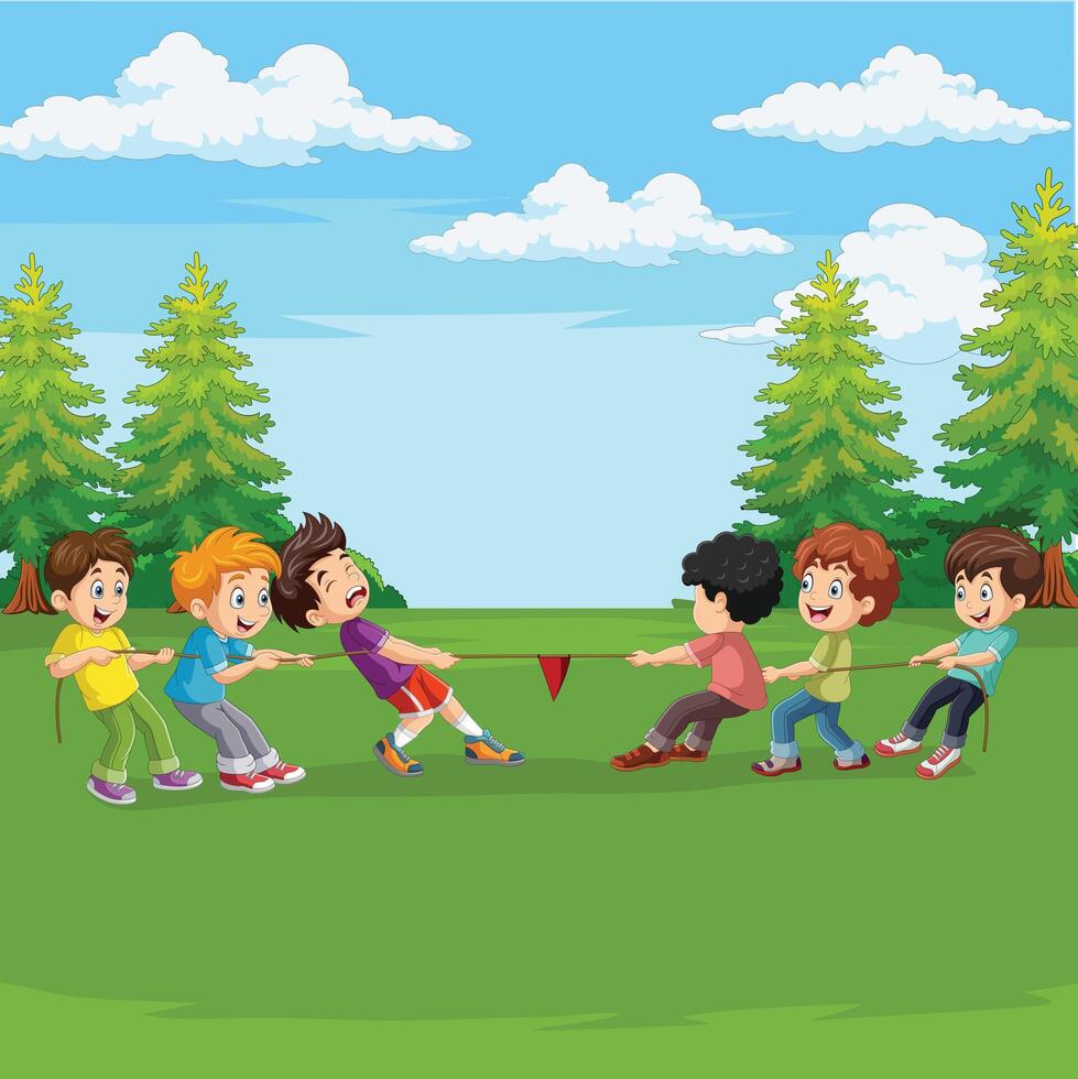 Cartoon group of children playing tug of war in the park vector