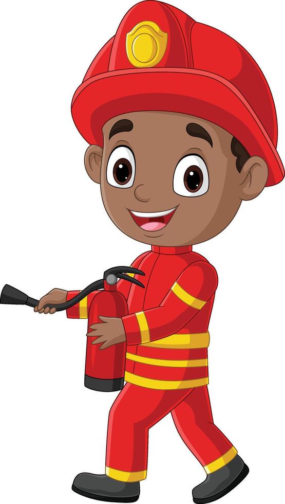 Cartoon firefighter boy holding fire extinguisher vector