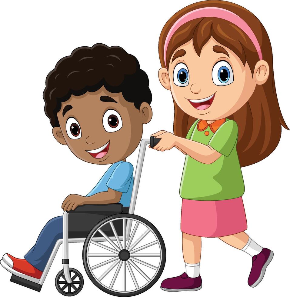 Cartoon little girl helping a boy in wheelchair vector