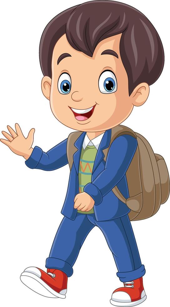 Cartoon school boy with backpack waving hand vector