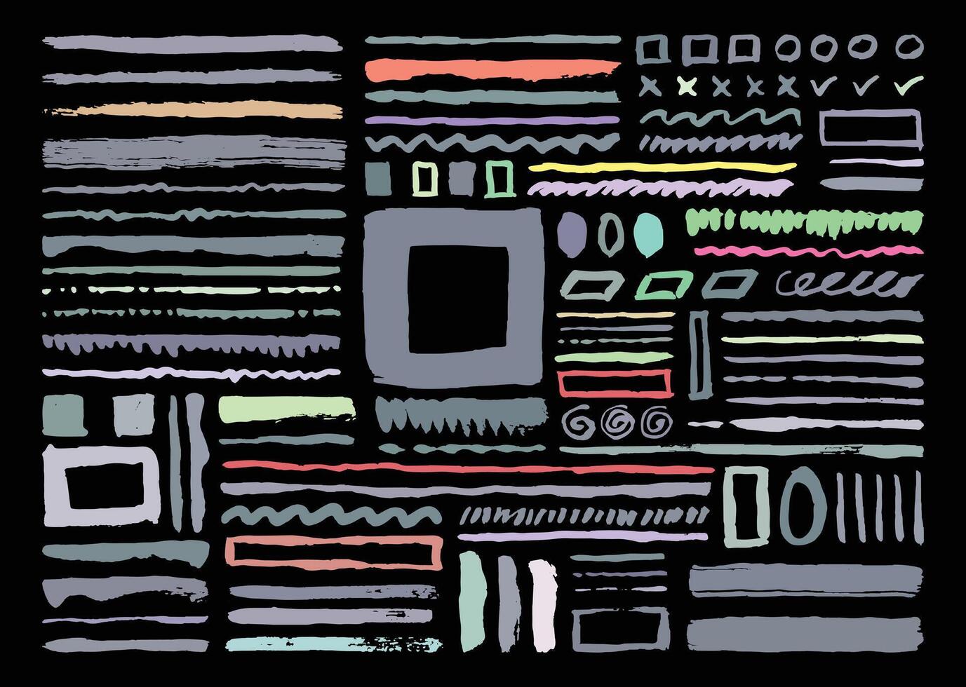 Grunge paint brush strokes design bundle. Abstract shapes drawing element. Straight and wavy lines, square, circle, oval, and zigzag forms. vector