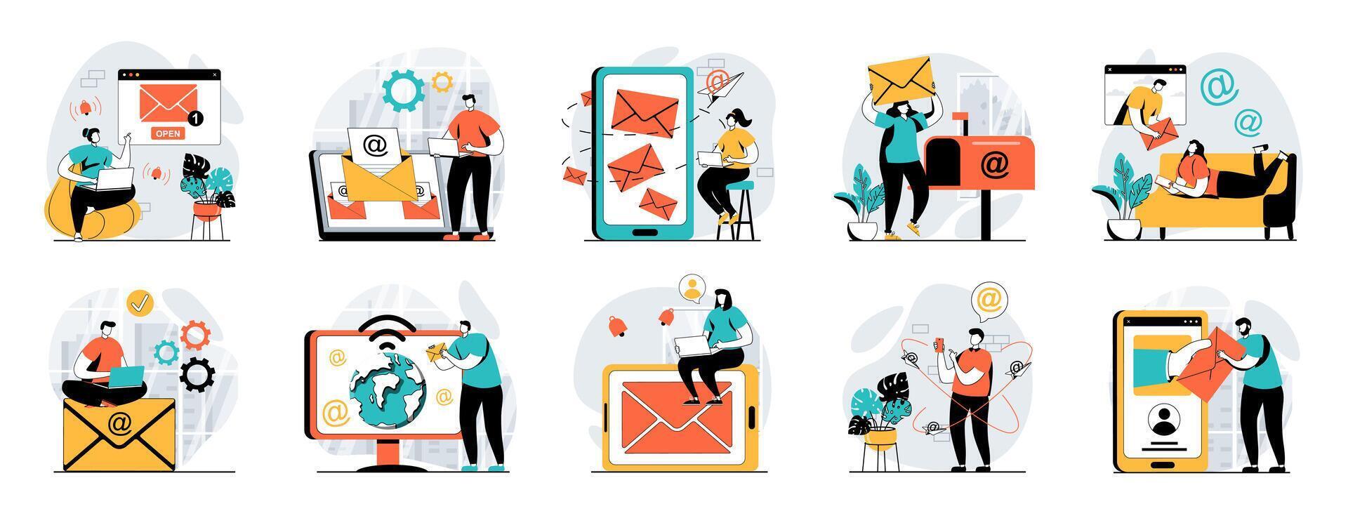 Email service web concept with people scenes mega set in flat design. Bundle of character situations with online correspondence app, chatting and sending messages, subscription. illustrations. vector