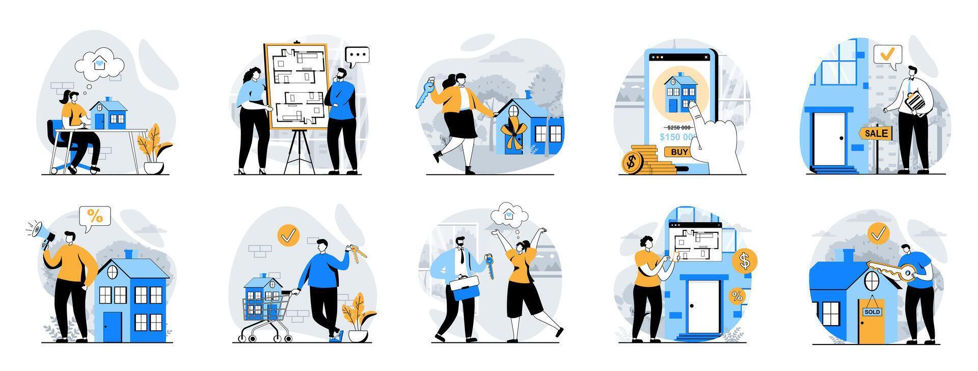 Real estate web concept with people scenes mega set in flat design. Bundle of character situations with buying new house, mortgage loan, deal and receiving keys to home property. illustrations. vector