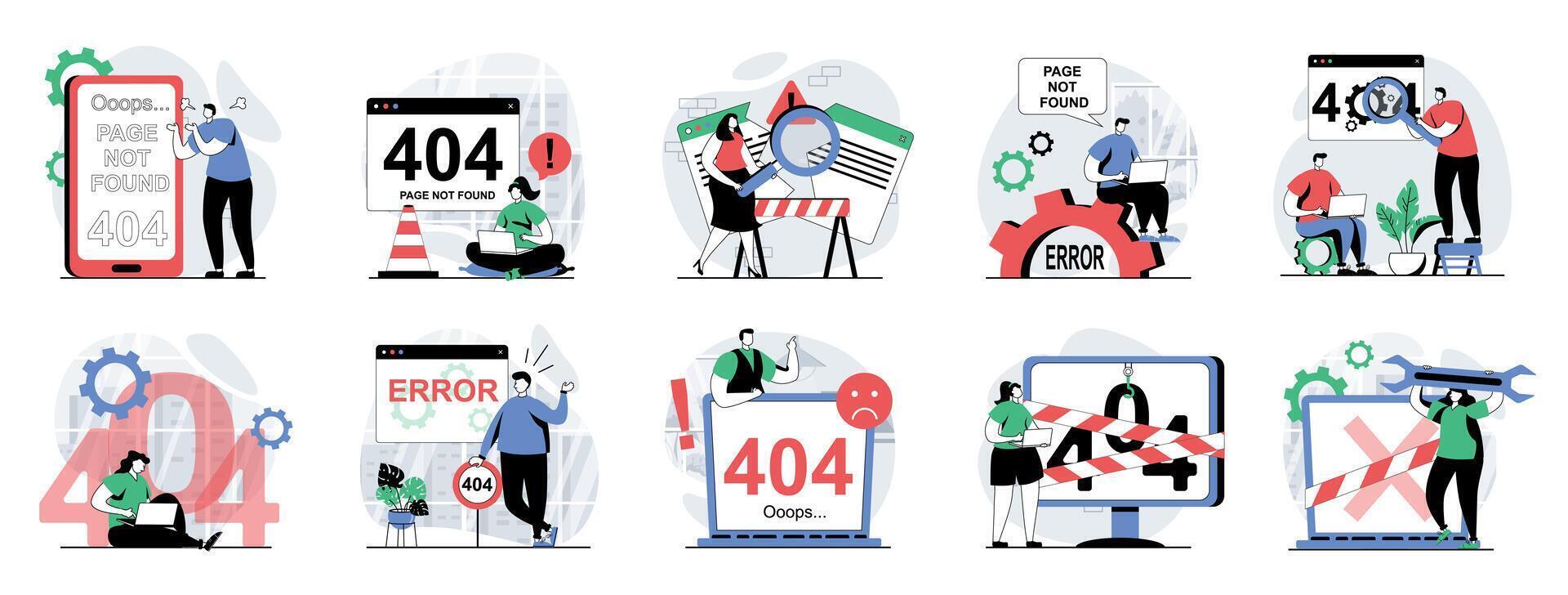 Page not found web concept with people scenes mega set in flat design. Bundle of character situations with 404 error on website, Internet disconnect, site connection maintenance. illustrations. vector