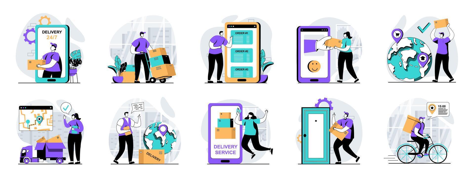 Delivery service web concept with people scenes mega set in flat design. Bundle of character situations with shipping order to home, clients receive parcels, courier carries box. illustrations. vector
