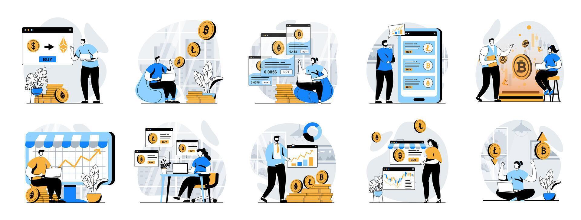 Cryptocurrency marketplace web concept with people scenes mega set in flat design. Bundle of character situations with trading on virtual crypto market and bitcoins investments. illustrations. vector