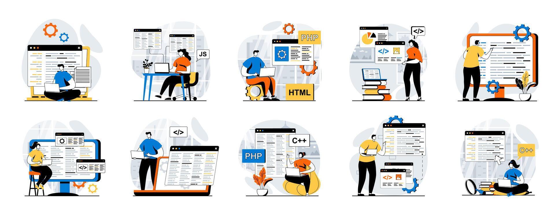 Software development web concept with people scenes mega set in flat design. Bundle of character situations with program and apps creating, engineering and optimization products. illustrations. vector