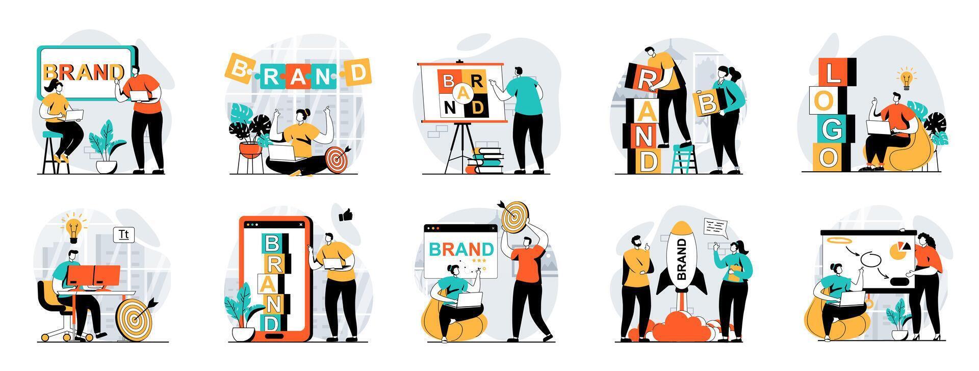 Branding team web concept with people scenes mega set in flat design. Bundle of character situations with logo and identity creating, company personality, launch business brand. illustrations. vector