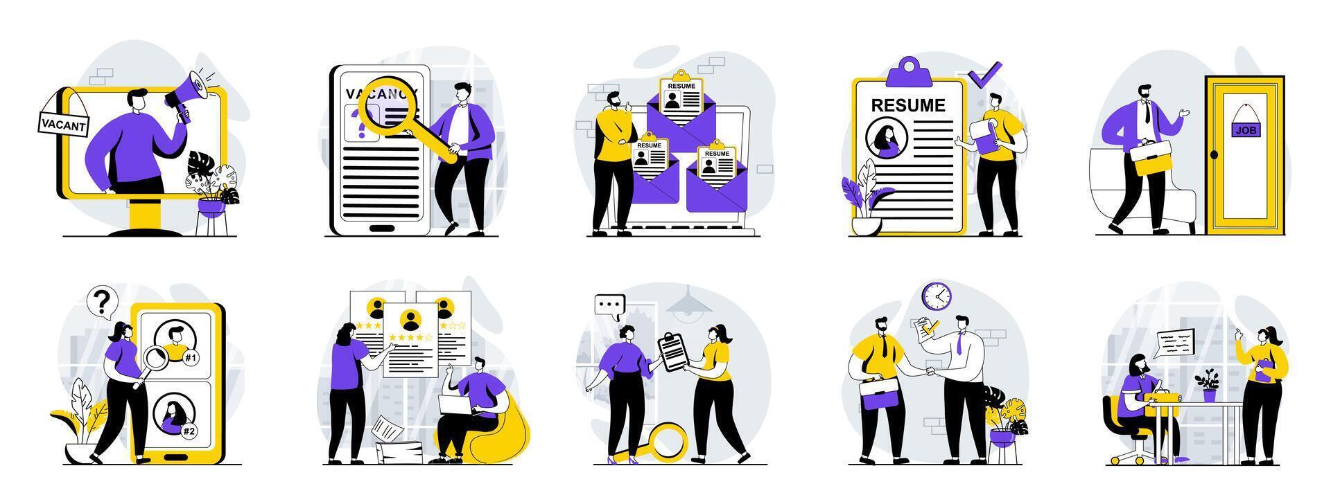 Employee hiring process web concept with people scenes mega set in 