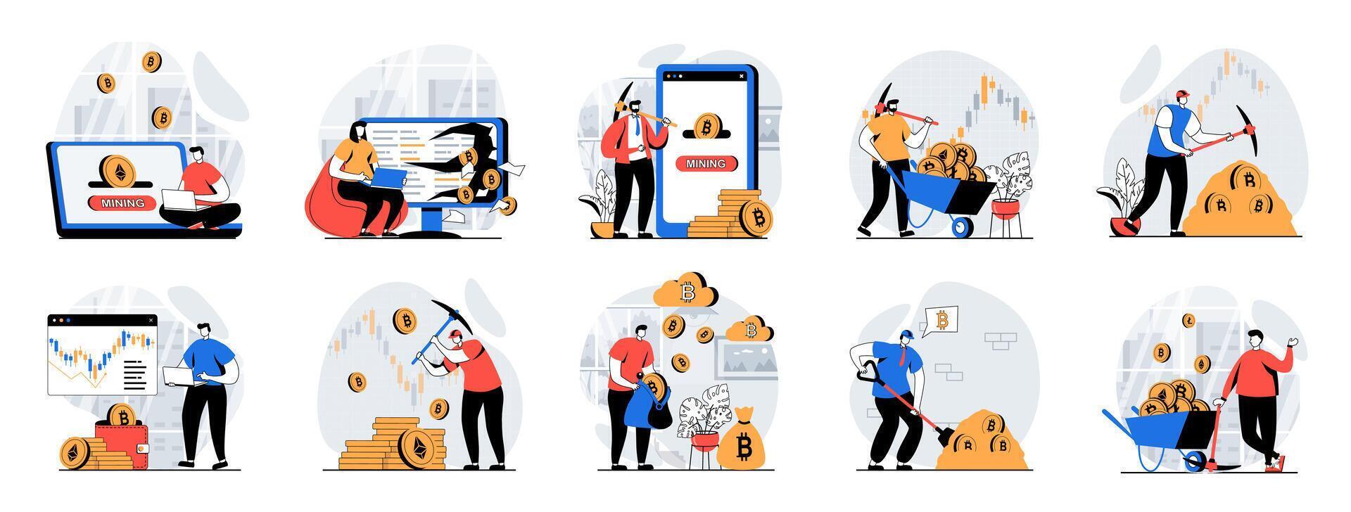 Cryptocurrency mining web concept with people scenes mega set in flat design. Bundle of character situations with make bitcoins trade operations, mining digital money at farms. illustrations. vector