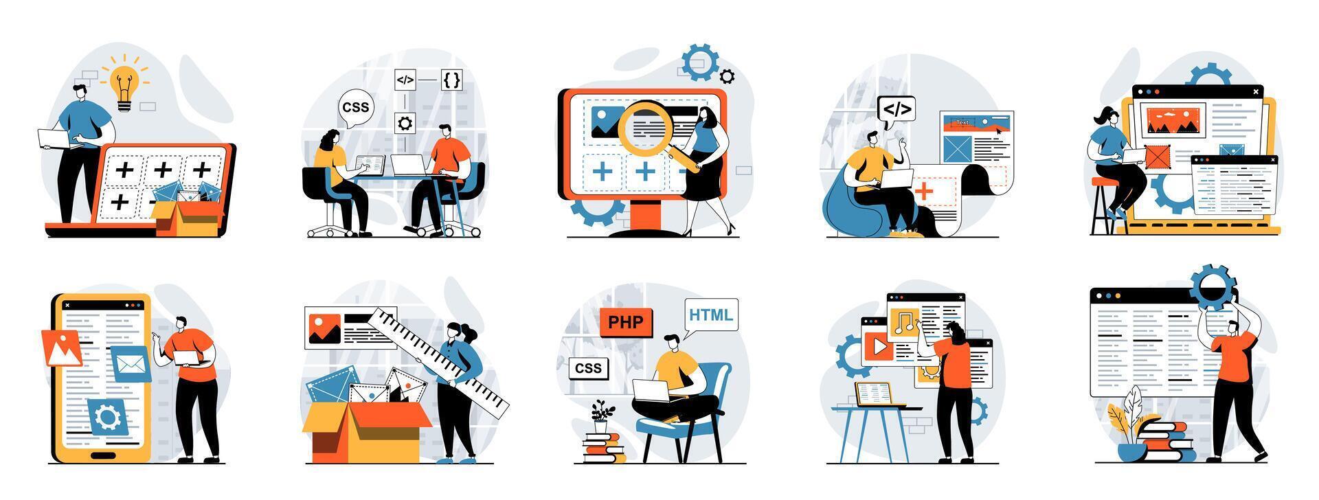 Web development concept with people scenes mega set in flat design. Bundle of character situations with wireframe site layout creation, engineering code and testing scripts. illustrations. vector