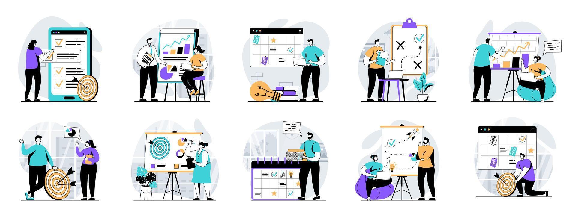 Strategic planning web concept with people scenes mega set in flat design. Bundle of character situations with generating ideas, analyze statistics, creating strategy and target. illustrations. vector