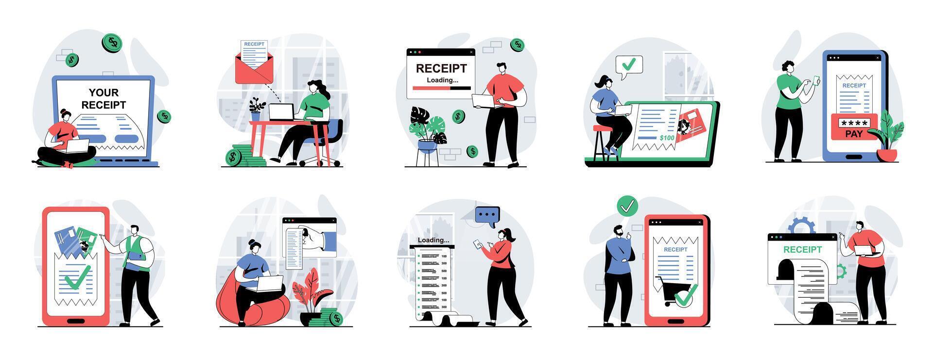 Electronic receipt web concept with people scenes mega set in flat design. Bundle of character situations with paying online check, client gets invoice, making bank transactions. illustrations. vector