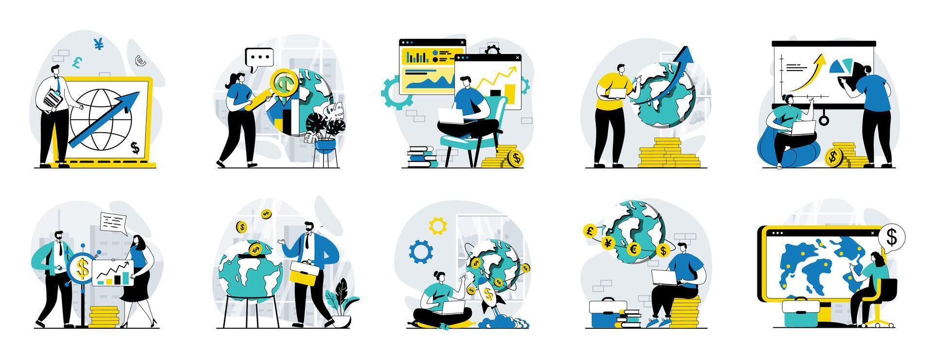 Global economic web concept with people scenes mega set in flat design. Bundle of character situations with developing international business, researching worldwide market trend. illustrations. vector