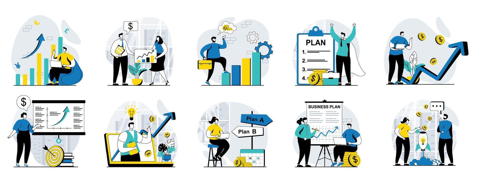 Business making web concept with people scenes mega set in flat design. Bundle of character situations with data marketing research, making plan presentation, strategy creating. illustrations. vector