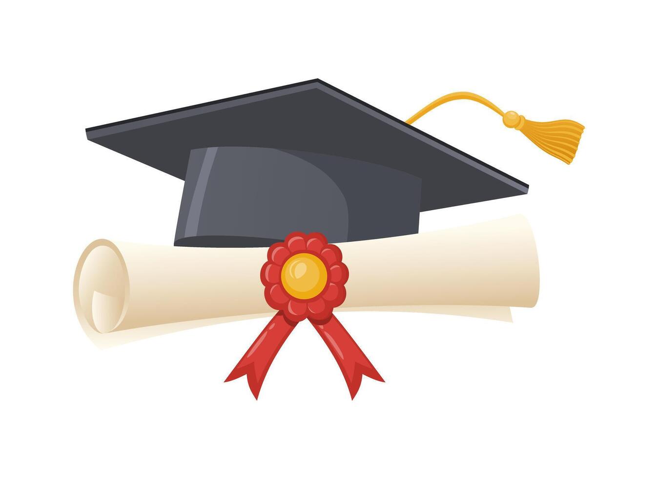 Graduation diploma scroll and gray graduation hat. Traditional graduation ceremony symbols certificate with ribbon and academic cap. vector