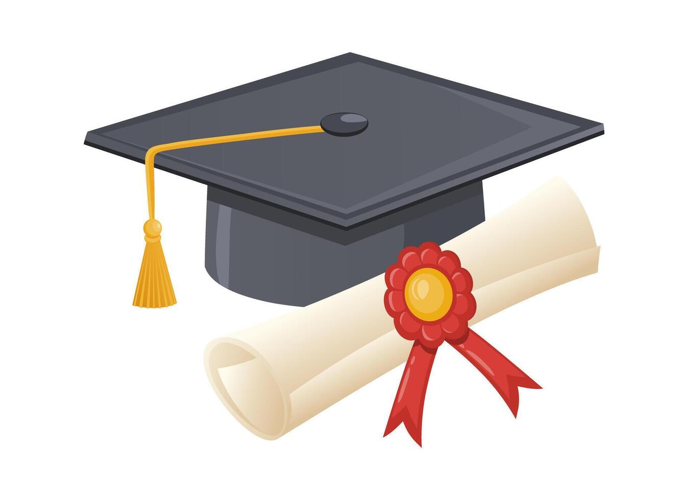 Gray Graduation cap and diploma scroll on a white background. Traditional graduation ceremony symbols certificate with ribbon and academic hat. vector