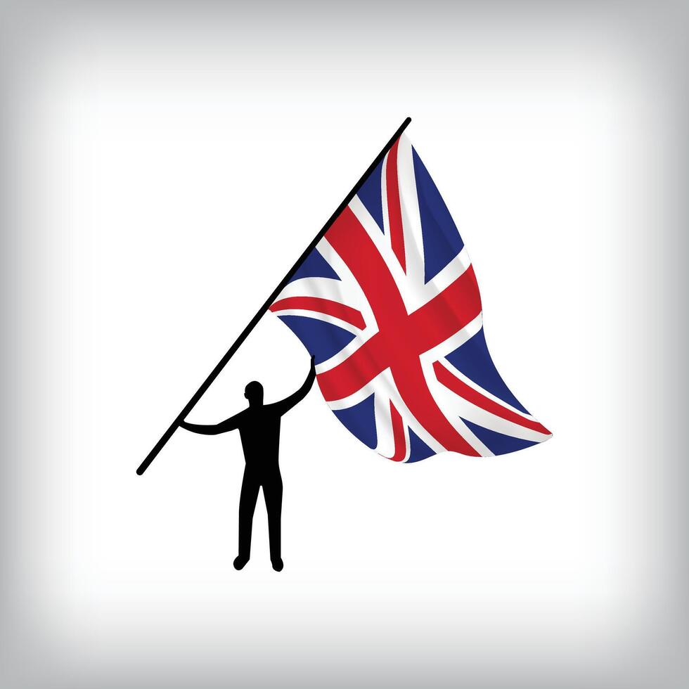 A man holds the flag of United Kingdom in the air. flag waving. National day realistic flag vector