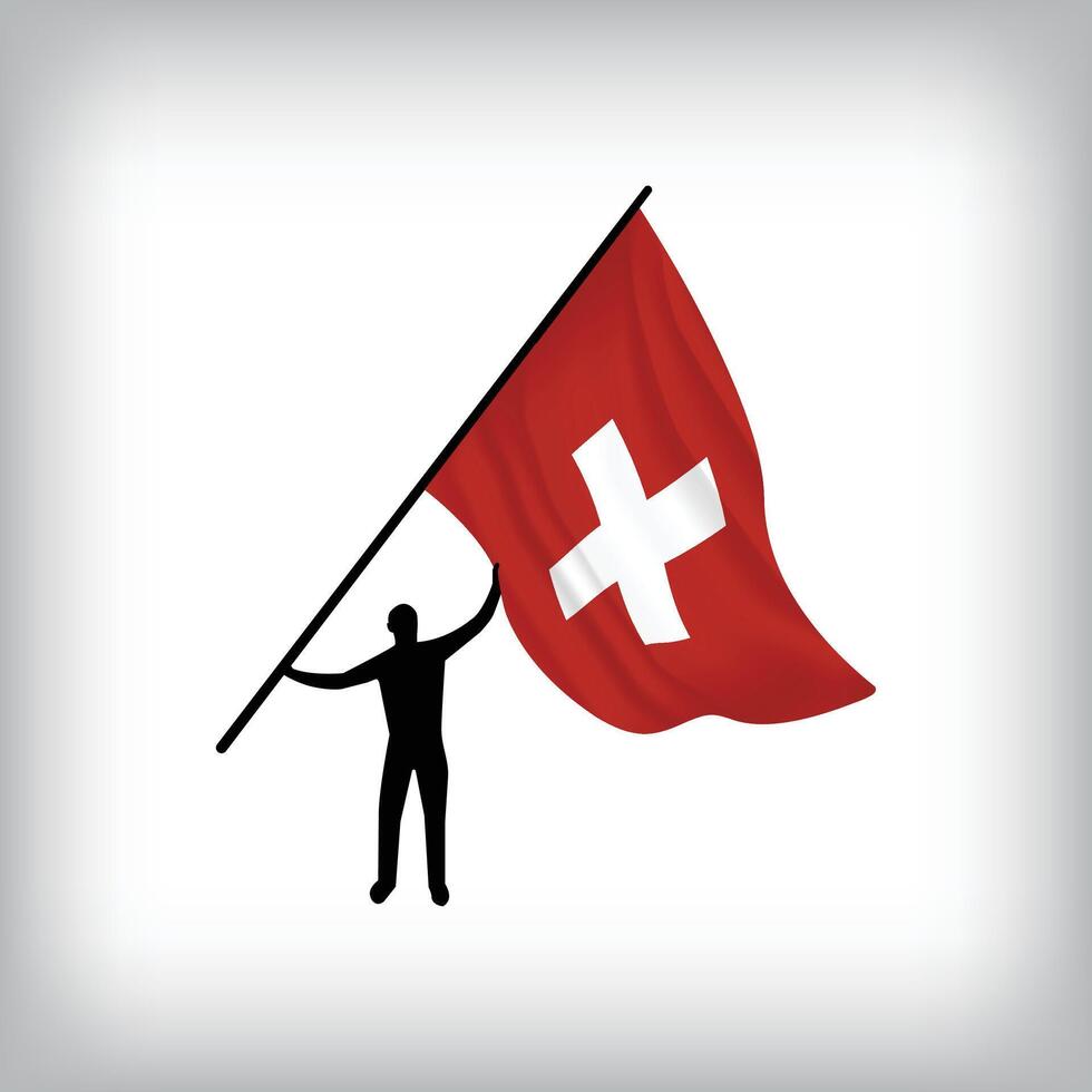A man holds the flag of SWITZERLAND in the air. flag waving. National day realistic flag vector