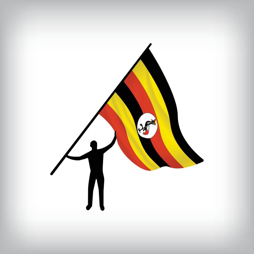 A man holds the flag of UGANDA in the air. flag waving. National day realistic flag vector