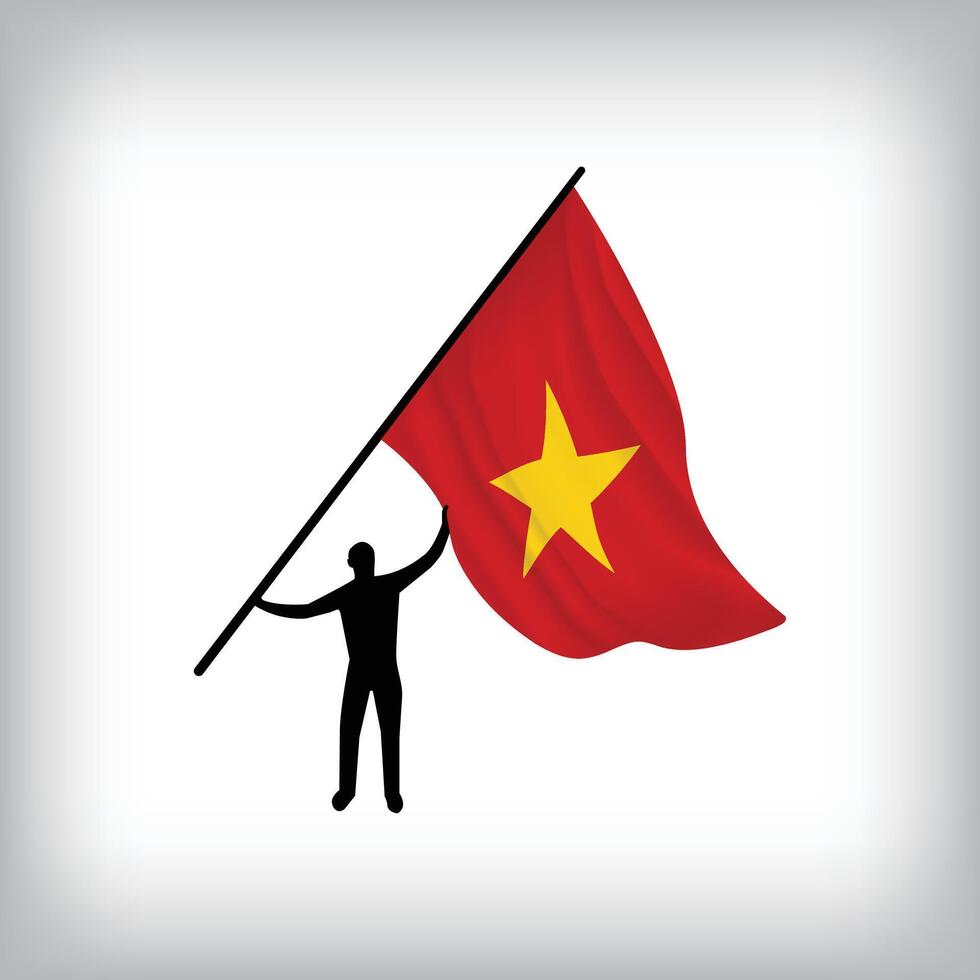 A man holds the flag of VIETNAM in the air. flag waving. National day realistic flag vector