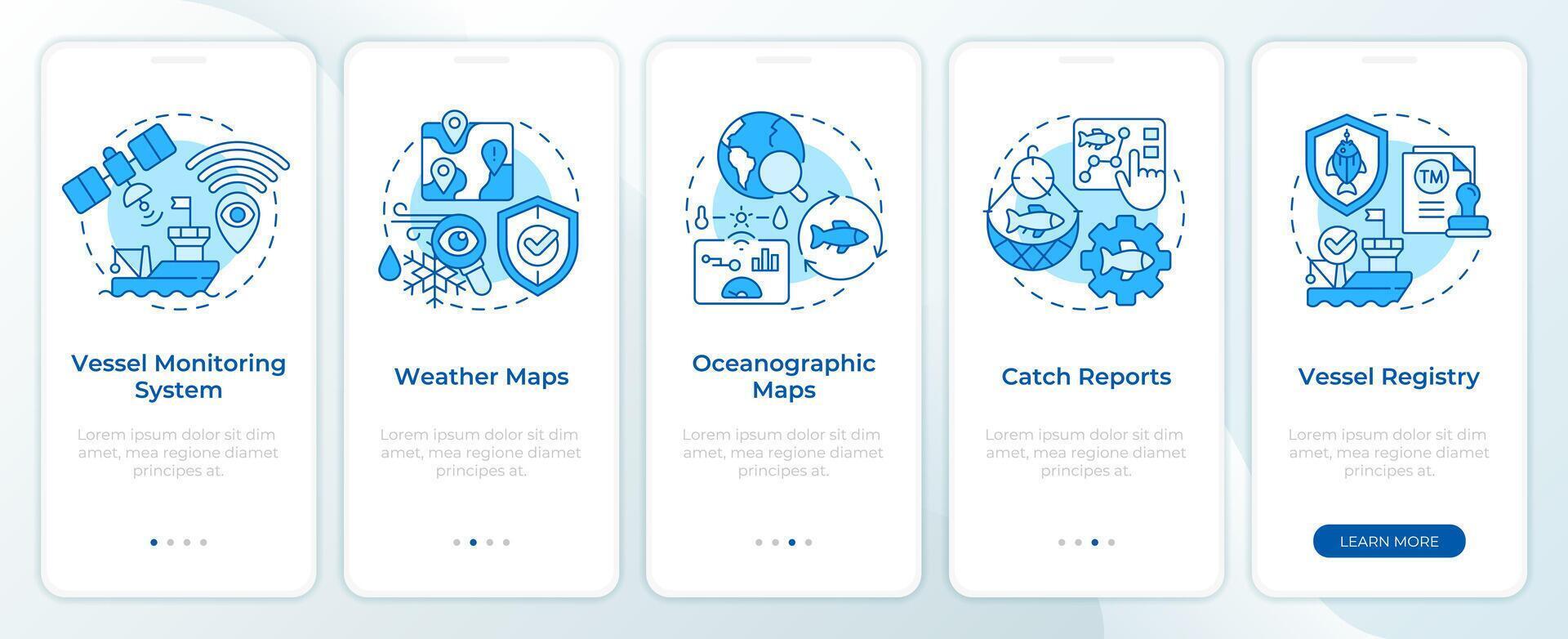 Fisheries workflow monitoring blue onboarding mobile app screen. Walkthrough 5 steps editable graphic instructions with linear concepts. UI, UX, GUI template vector