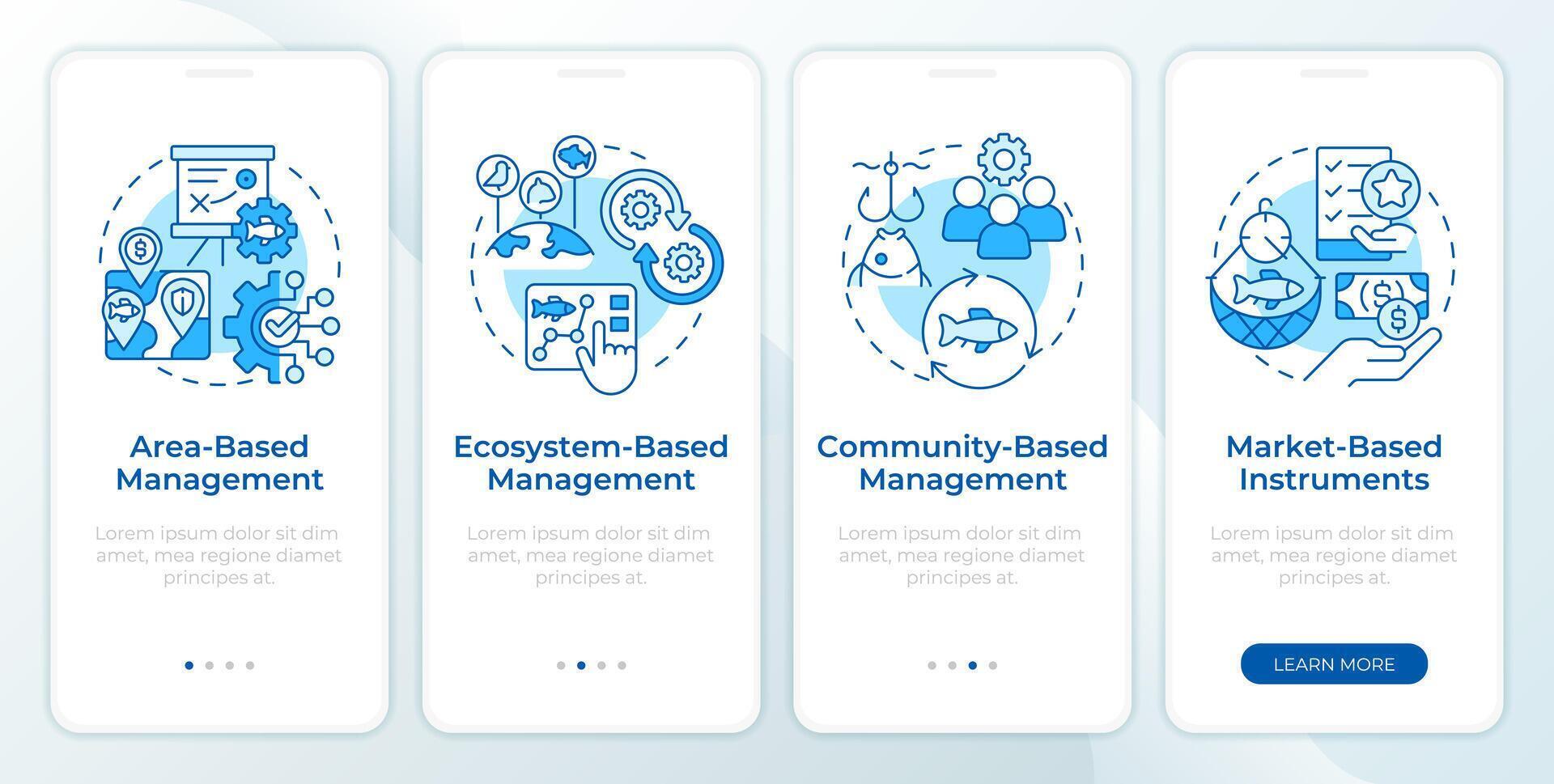 Fisheries strategy types blue onboarding mobile app screen. Walkthrough 4 steps editable graphic instructions with linear concepts. UI, UX, GUI template vector