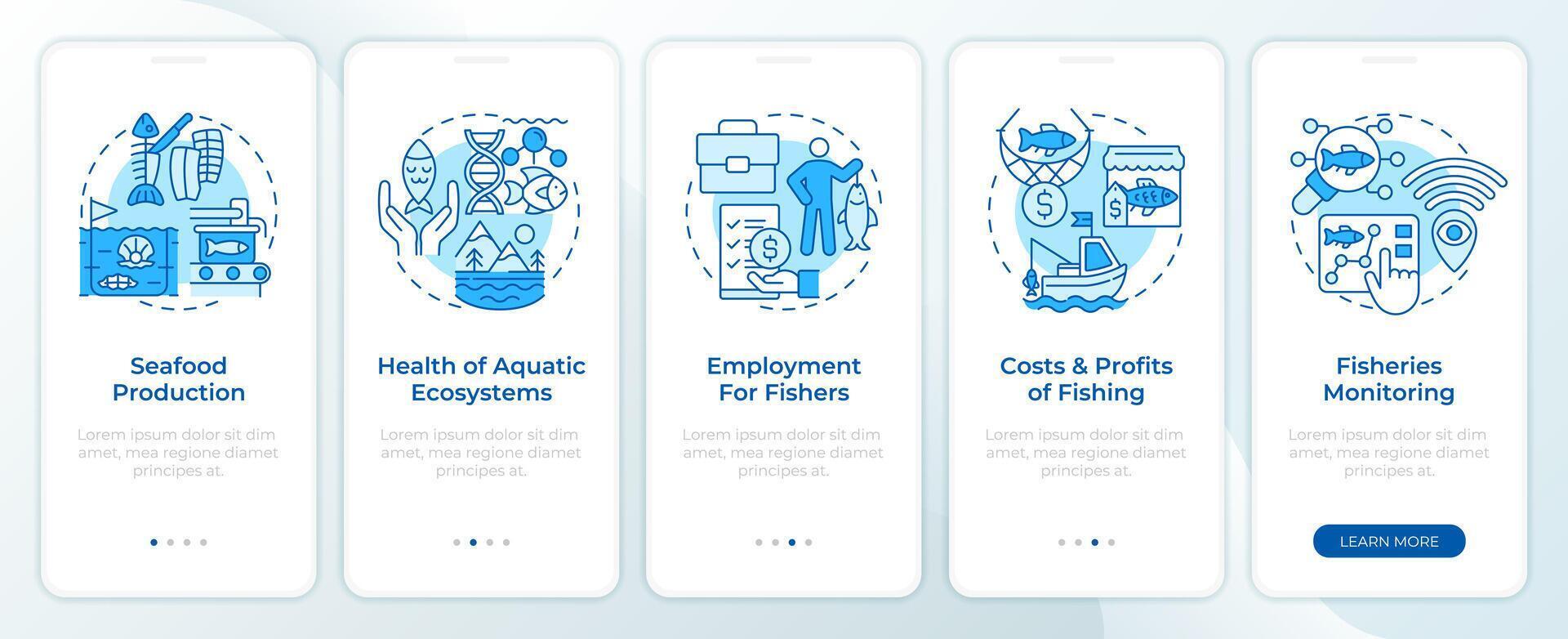 Fisheries control management blue onboarding mobile app screen. Walkthrough 5 steps editable graphic instructions with linear concepts. UI, UX, GUI template vector