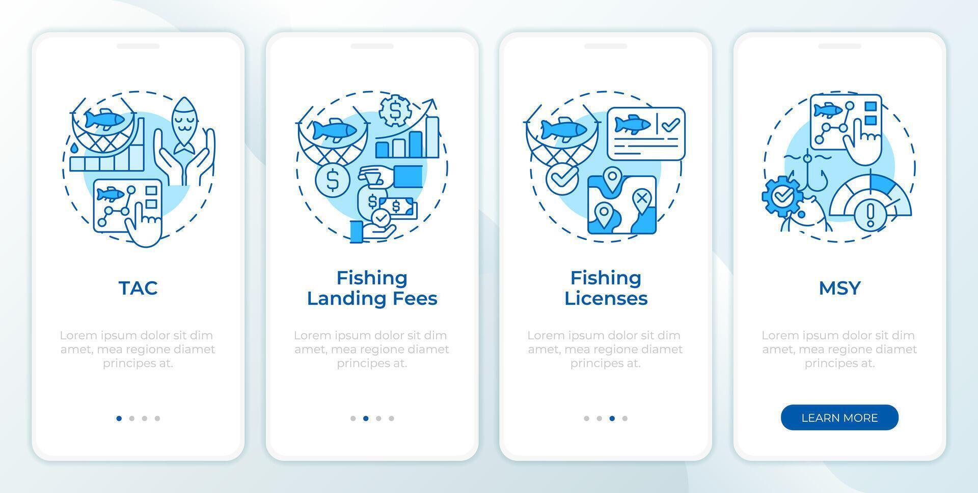 Fisheries organization types blue onboarding mobile app screen. Walkthrough 4 steps editable graphic instructions with linear concepts. UI, UX, GUI template vector