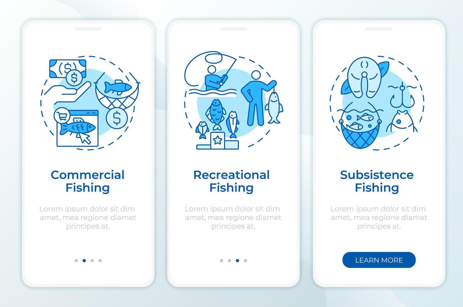 Fisheries types blue onboarding mobile app screen. Walkthrough 3 steps editable graphic instructions with linear concepts. UI, UX, GUI template vector