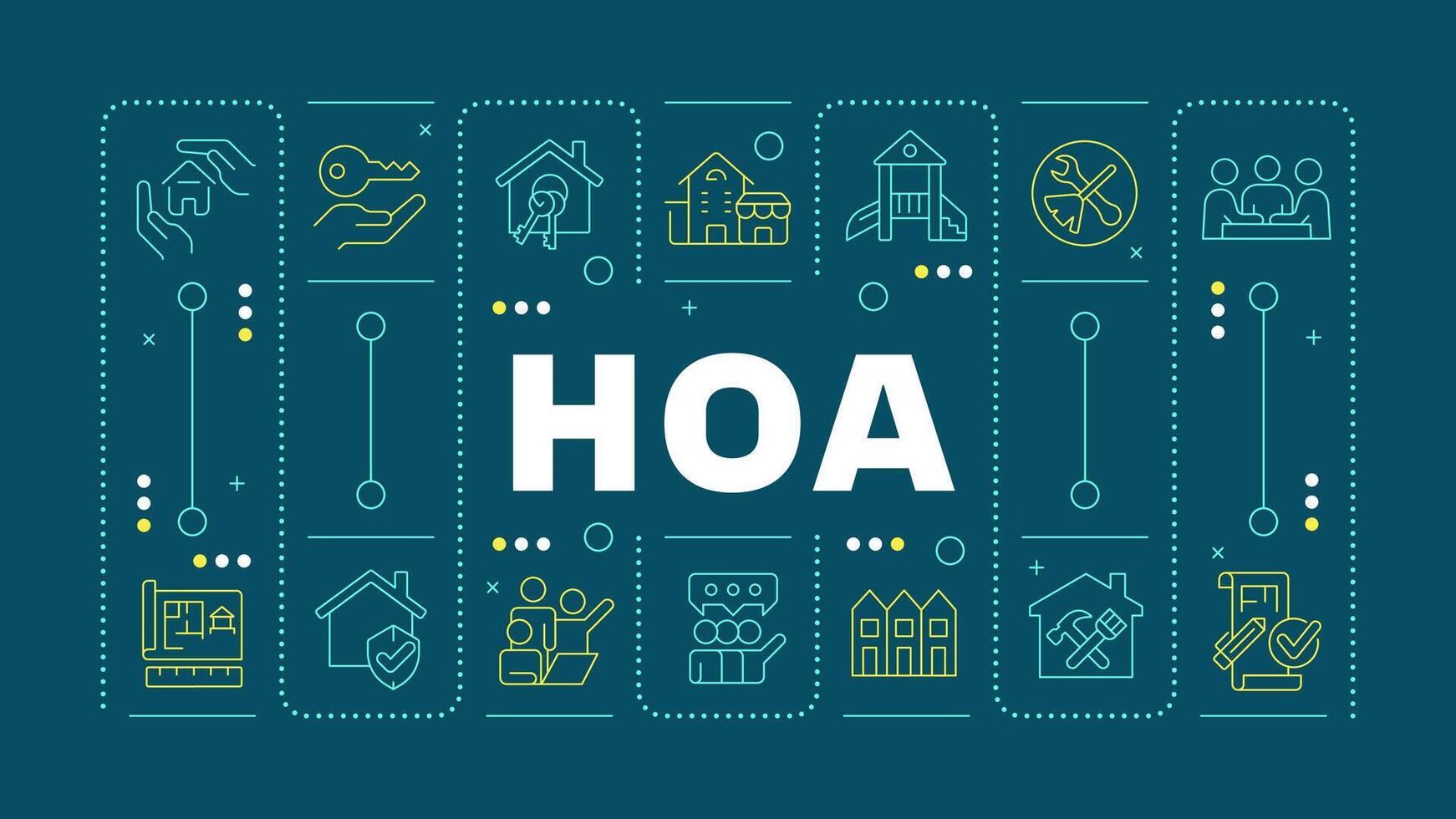 HOA teal word concept. Public safety. Meeting presentation, community leadership. House rent. Horizontal image. Headline text surrounded by editable outline icons vector