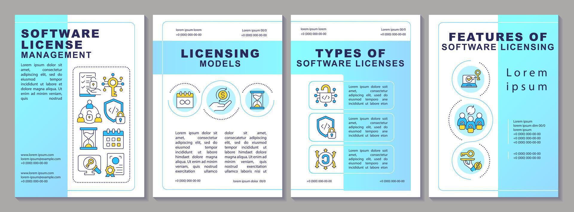 Software licenses management brochure template. Leaflet design with linear icons. Editable 4 layouts for presentation, annual reports vector
