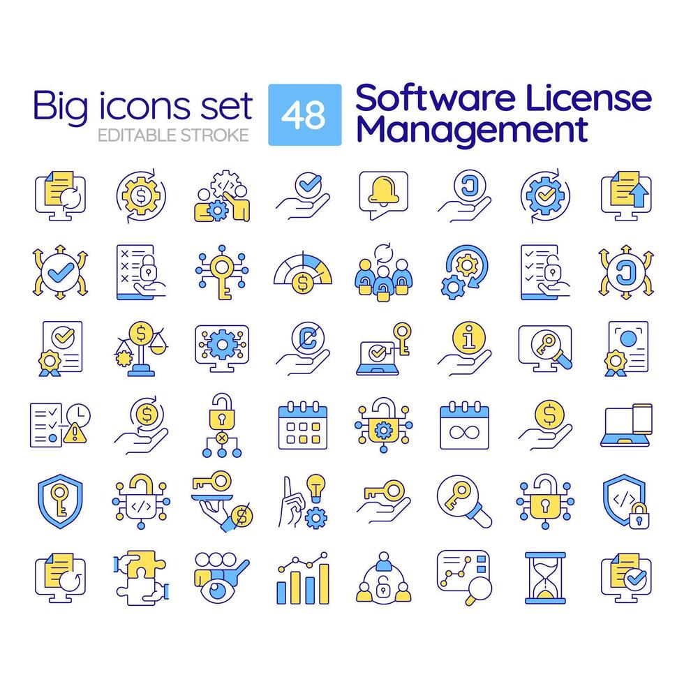Software license management RGB color icons set. User access control. Pricing plan. Terms and conditions. Isolated illustrations. Simple filled line drawings collection. Editable stroke vector